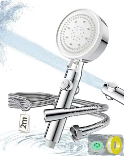 Duschkopf mit 2M Edelstahl-Ex-Schutz-Schlauch, Duschbrause Wassersparend 【49% Einsparung】, Hochdruck Handbrause 【200% mehr Druck】, 5+1 Strahlarten, Stoppfunktion, Chrom Shower Head, Brausekopf Dusche
