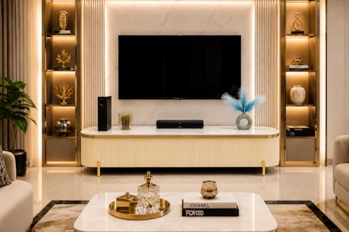 Image of Mazzo Modern TV Unit /Console - 70 inchx12 inchx18 inch White Marble Top with Golden Acrylic, Waterproof Plywood & Charcoal Louvers - Media Cabinet | Modern TV Stand Console Without Storage (Ivory)
