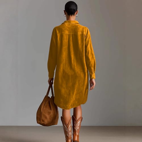 Image of Womens Faux Suede Western Vintage Midi Dress, Long Sleeve Lapel Deep V Neck Fall Winter Velvet Retro Style Dress