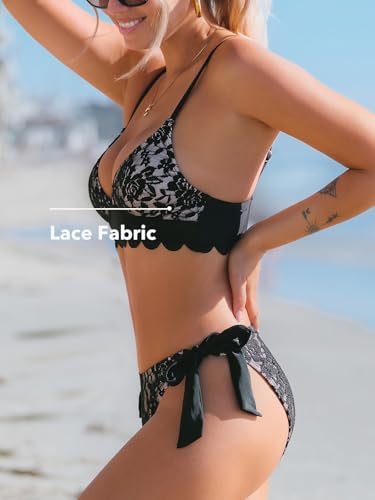 CUPSHE Women's Bikini Sets Two Piece Swimsuit V Neck Lace Sexy Bathing Suit Scalloped Trim Low Rise Side Self Tie3