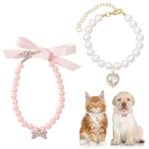 2 Pcs Cat Dog Collars,with Rhinestone Bones,Heart Shape Rhinestone Pet Necklace,Dog Pearl Necklace Collar Cats and Dogs Cute Accessories for Cats and Dogs Birthday, Party, Wedding (S)