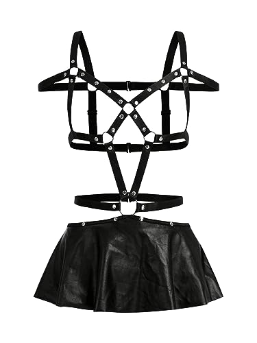 SweatyRocks Lingerie feminina de couro PU recortada com anel, bainha de babados, cinto para dormir,