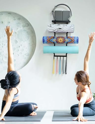 Image of Yoga Mat Holder Wall Mount, Home Gym Storage Rack with Top Floating Shelf, 4-Tiers Holding Yoga Mat / Blocks / Rollers and Decorations, 5 Hooks for Resistance Bands, Skipping-Rope, Small Gym Equipment