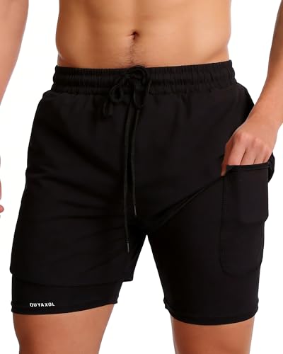 Men's 2-in-1 Running Shorts with Inner Liner, Breathable Quick-Dry Workout Shorts with Pockets Gym Shark for Men- Black, Size L — view 3