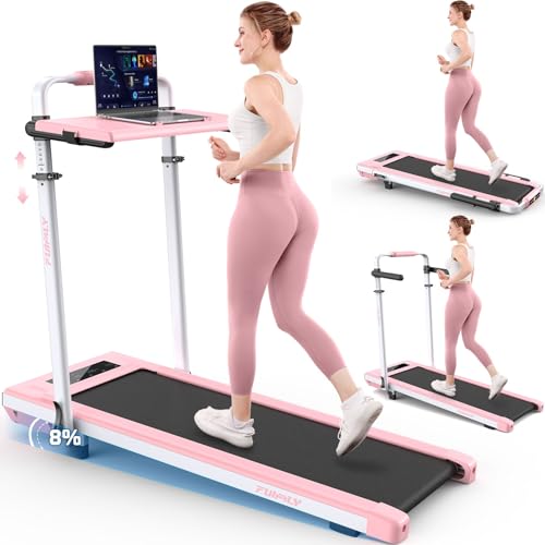 Image of 5-in-1 Desk Treadmill & Walking Pad, Foldable Walking Pad Treadmill with Incline & Handrail bar, 300lbs Capacity, 0.6-7.5MPH, 3 Control Methods, Space-Saving Folding Treadmills for Home Office