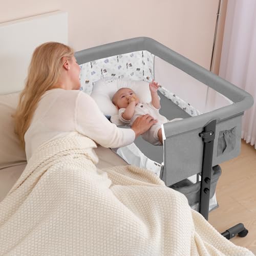 Image of YADAQE Baby Bassinet, Baby Basinet Bedside Sleeper, Easy to Fold Portable Crib Side Bassinet 2025new Style Girl /boy bassinets(Light Grey)