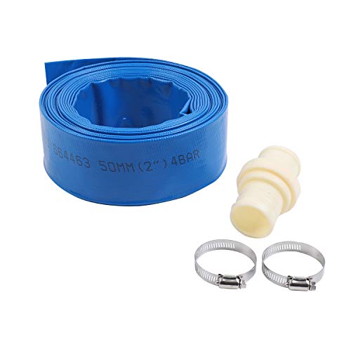 KATSU Manguera Plana para Descarga de Agua 10 m x 50 mm, con 2 Clips y Conector, Se Adapta a Bombas de Agua Sumergibles y Otras para Drenar Estanques, Riego de Jardines, Piscinas, Azul 664463