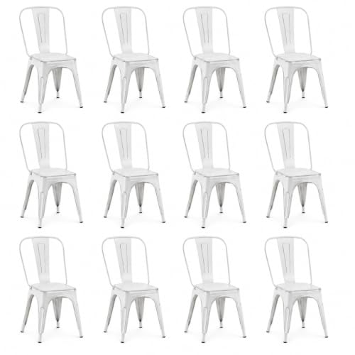 Image of Metal Dining Chairs with Back, Stackable, Distressed White, 12 Pack | Easy Assembly, Non-Slip Feet, 330 lb Capacity, Kitchen, Restaurant, Cafe, Pub, Covered Patio