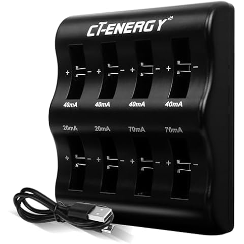 CT-ENERGY 8 Bay Coin Battery Charger for Lir2450 2440 2430 2032h 2032 2025 2016 1632 Rechargeable Button Cell Batteries Charger,Fast Independent Charger Cover