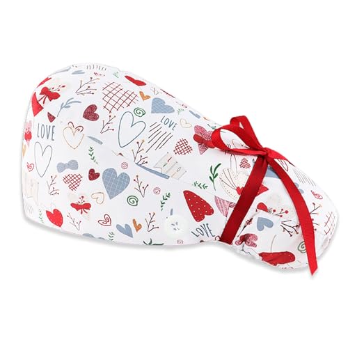 ZUWIJEQ Paquete de 1 Gorros de Trabajo con Estampado de Gorro, Gorros Quirofano, Gorro Quirofano Mujer, Gorros Cocina Mujer, Gorro Ajustable de Absorción de Sudor con Botones para Pelo Largo (Corazón)