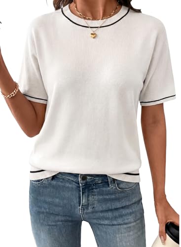 Image of SHEWIN Womens Tops Trendy Short Sleeve Shirts Crewneck Lightweight Knit Sweater Top Business Casual Outfits