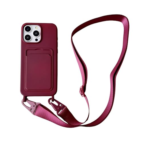 Étui en cuir style portefeuille pour iPhone 15 avec lanière fine rouge vin