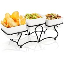 Eorbow 10 OZ Square Bowl Chip & Dip Serving Set, 3 Pieces Ceramic Condiment Server with Metal Stand, Serving Dish Tray for Party Entertaining, Small Snack Platters for Side Dish Appetizer Nuts