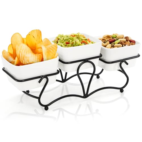 Eorbow 10 OZ Square Bowl Chip & Dip Serving Set, 3 Pieces Ceramic Condiment Server with Metal Stand, Serving Dish Tray for Party Entertaining, Small Snack Platters for Side Dish Appetizer Nuts