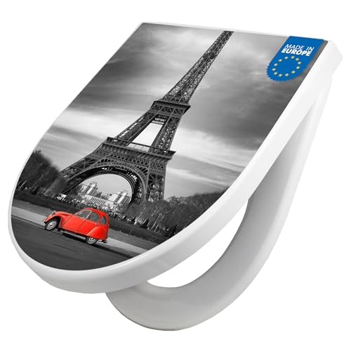 banjado WC Sitz mit Absenkautomatik D Form - Toilettendeckel mit Absenkautomatik D Form - Klodeckel Softclose - stabile Klobrille - Toilettensitz Weiß - Motiv Paris
