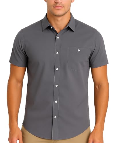 CANADA WEATHER GEAR Mens Button Down Shirt - Woven Stretch Casual Short Sleeve Collared Shirts for Men with Pocket, Size X-Large, Grey
