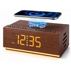 Hoifen Wooden Digital Alarm Clock with Bluetooth Speaker, Wireless Charging, FM Radio, Night Light