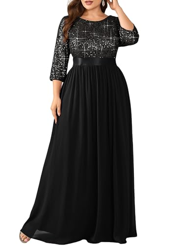 Ever-Pretty Plus Women's Crew Neck 3/4 Long Sleeves Sequin Prom Dress Maxi A-Line Plus Size Formal Evening Dress Black US18