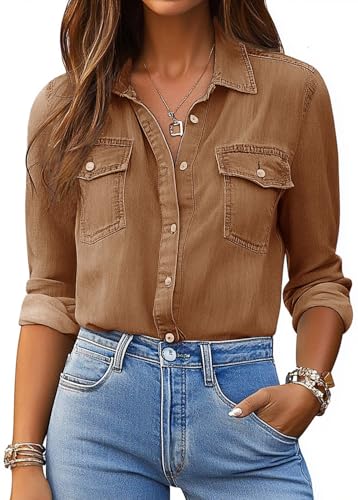 Denim Shirt Women Chambray Jean Western Shirts Long Sleeve Button Down Tops