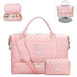 Gifts for Her Birthday Christmas Initial Travel Duffle Bag Quilted Weekender Bags Carry-On Overnight with Cosmetic Bag, Gym Bag with Shoe Compartment Hospital Bag for Women Labor Delivery, Pink-G