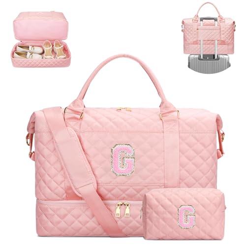 Gifts for Her Birthday Christmas Initial Travel Duffle Bag Quilted Weekender Bags Carry-On Overnight with Cosmetic Bag, Gym Bag with Shoe Compartment Hospital Bag for Women Labor Delivery, Pink-G