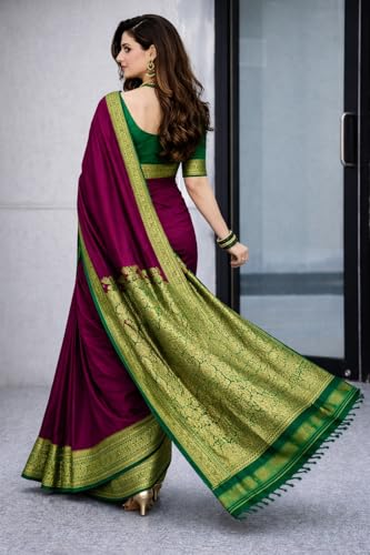 Image of Women's Glory Banarasi Satin Silk Saree with Rich Zari Woven Border & Pallu | Soft Glossy Party Fancy Traditional Saree for Wedding, Festive, Function | Blouse Piece Included