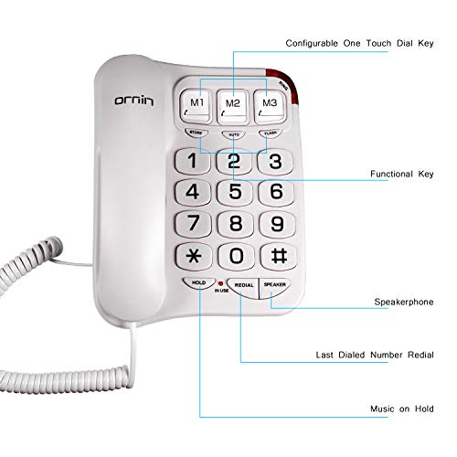 Ornin S016+ Big Button Corded Telephone With Speaker, Desk Phone Only (Off-White) #TOP1
