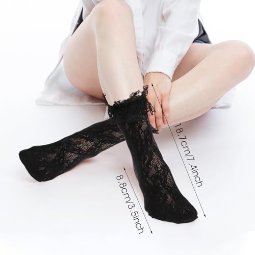 4 Pairs Lace Socks For Girls, Long Girls Knee High Socks, Mesh 2 Pairs White 2 Pairs Black Stockings Ruffle Socks for 5-12 Years Old2