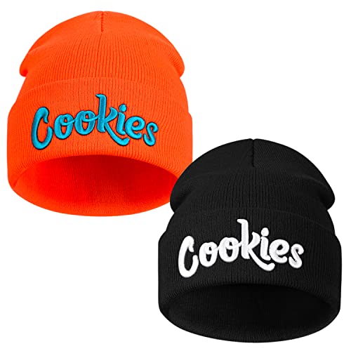 Bucaum Men Winter Beanie Hat, Slouchy Beanie Snow Knit Skull Cap Touch Screen Mittens Circle Scarves for Man Women Adlut, 2pcs Black and Orange (Embroidery White & Blue), One size
