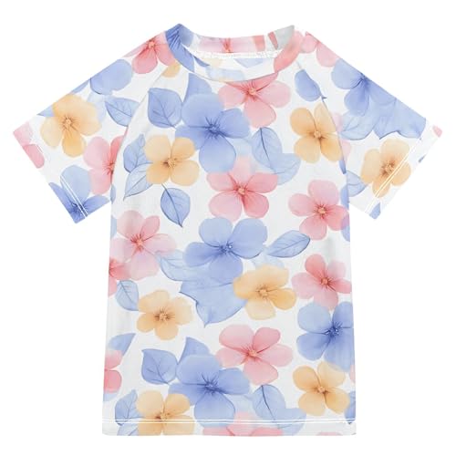 ALAZA Boys Swim Shirts Toddler Rash Guard Short Sleeve Rashguard Pink Blue Flower Fresh UPF 50+ 11-12T