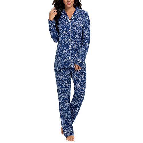 Image of Tugege Pajamas Set Long Sleeve Sleepwear Womens Button Down Nightwear Pj Sets Pink Rose(Pink Rose Print-Small)