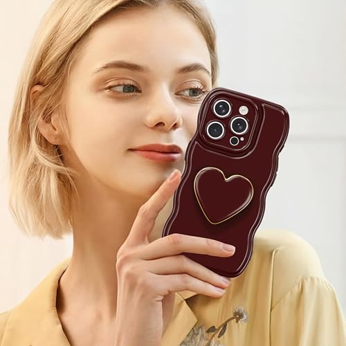 Aurorastar for iPhone 13 Pro 6.1" Case for Women, Wave Frame Curly Shape with Love-Heart Kickstand Raised Camera Protection Cover Soft TPU Shockproof Cute Phone Case, Burgundy — view 6