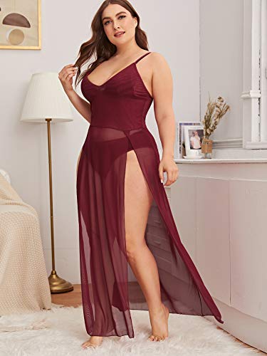 Soly Hux Women's Plus Size Split Long Mesh Lingerie Dress Babydoll Chemise Burgundy 3Xl #TOP2