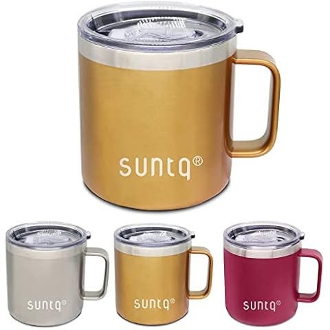 SUNTQ Stainless Steel Mug with Handle - Double Wall Vacuum Insulated Mug Thermal Mug for Hot and Cold Drinks - Camping Mug Tea Coffee Mug - for Office, Outdoor and Indoor, 14oz/420ml Glitter Gold Cover