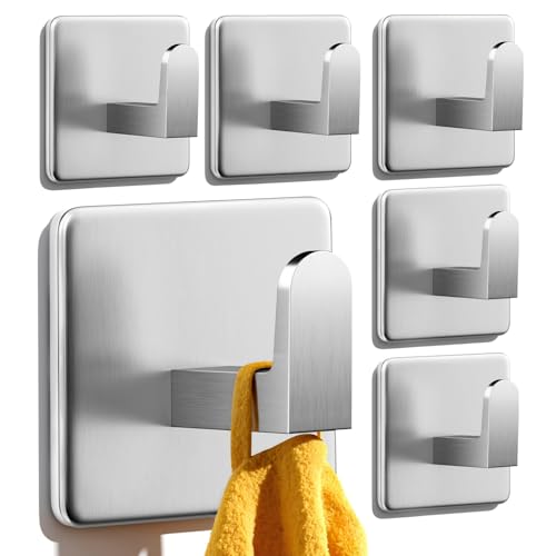 Auxmir 6 Pack Self Adhesive Hooks, Over 12kg Load Sticky Hooks Heavy Duty Stainless Steel, Waterproof & Rustproof, Large Hooks Stick on Bathroom, Kitchen, Door and Wall for Hanging Towel, Coat, Key