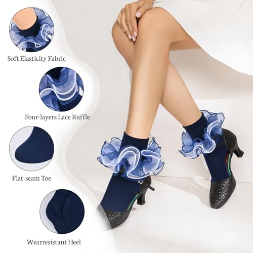 Image of Women White Ruffle Socks Turn Cuff, Double Lace Ankle Socks Cotton Lace Frilly for Ladies(Size 6-11, 3 Pairs)