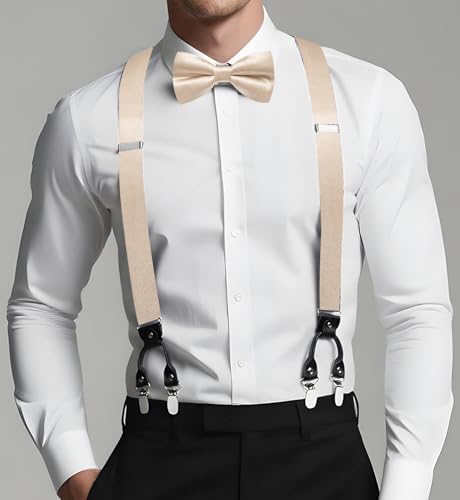 Image of Dubulle Suspender and Bow Tie for Men Paisley Solid Mens Suit Braces Pretied Bowtie and Handkerchief Cufflinks Formal Wedding
