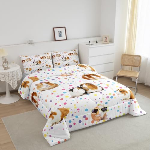 Image of Guinea Pig Bedding Set for Girls Boys Children Cute Cavy Pattern Comforter Decorative Cartoon Lovely Pet Animal Comforter Set Colorful Polka Dots Duvet Set Twin Size 2Pcs Bedspreads Coverlet Sets