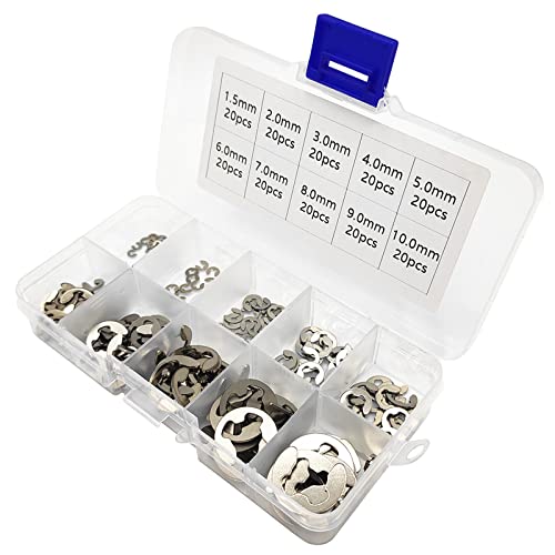 Kazetec 200 Pcs 304 Stainless Steel Opening Snap Ring, E-Clip External Retaining Circlip Assortment Kit #TOP3