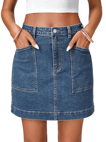 LYANER Women's Jean Skirt High Waist Stretchy Casual Denim Mini Skirt with Pockets