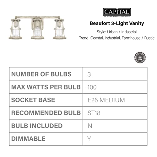 Image of Capital Lighting 127431MS Beaufort Clear Glass Bath Vanity Wall Mount, 3-Light 300 Total Watts, 10 inch H x 23 inch W, Mystic Sand