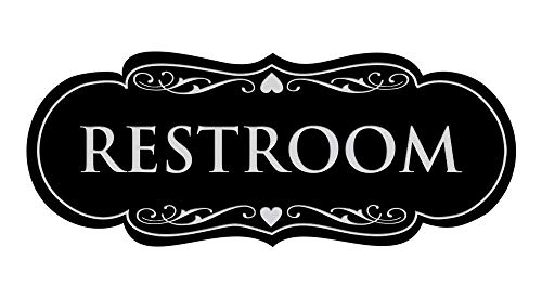 All Quality Designer Restroom Wall or Door Sign - Bathroom Signage | Durable Plastic and Easy Installation | Black/Silver - Large (1 Pack)