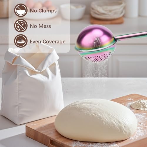Image of HULISEN Flour Duster for Baking, One-Handed Operation, 304 Stainless Steel Powdered Sugar Shaker Duster, Pick Up and Dust Flour Sifter, Gift Package, Rainbow