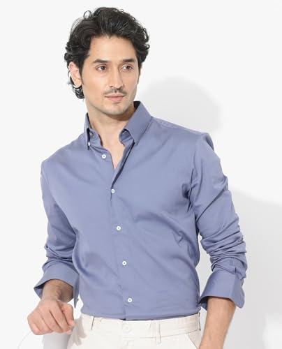 Image of Rare Rabbit Men Regular Fit Solid Beige Satin Long Sleeve Button Shirt