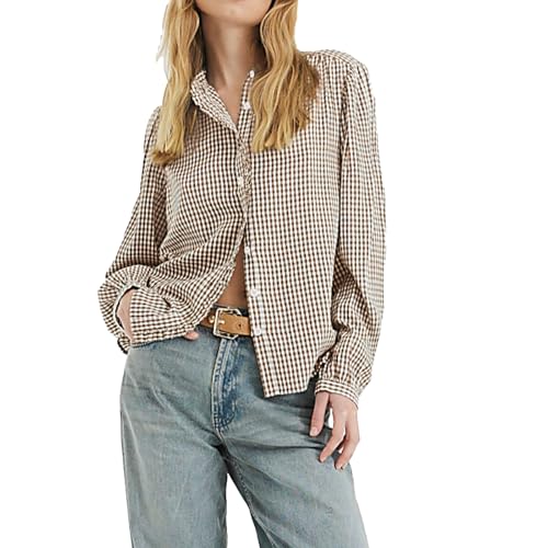 Women's Long Puff Sleeve Button Down Shirts Casual Loose Fit Cotton Blouses