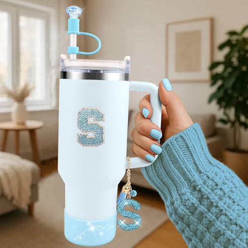 Hpebl 6PCS Blue for Stanley Cup Accessories Set 30/40 OZ Bling Rhinestone Initials Charms for Stanley Decorations Tumbler Accessories Including Diamond Straw Topper, Spill Stopper（Letter K） - image 2