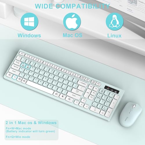 Image of Wireless Keyboard and Mouse Combo, Full-Sized Wireless Keyboard and Adjustable DPI Mouse, 2.4GHz USB Receiver, Keyboard and Mouse for PC, Windows, Desktop, Laptop (Mint Green and White)