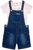 DKNY Girls' Overalls Set - Stretch Denim Shortalls with Short Sleeve T-Shirt, Size 10, Medium Wash/Heart Stripes