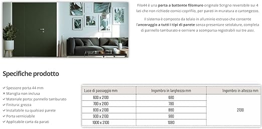 Porta Filomuro SCRIGNO Filo44 Battente Reversibile per pareti in muratura o cartongesso (210 X 80)