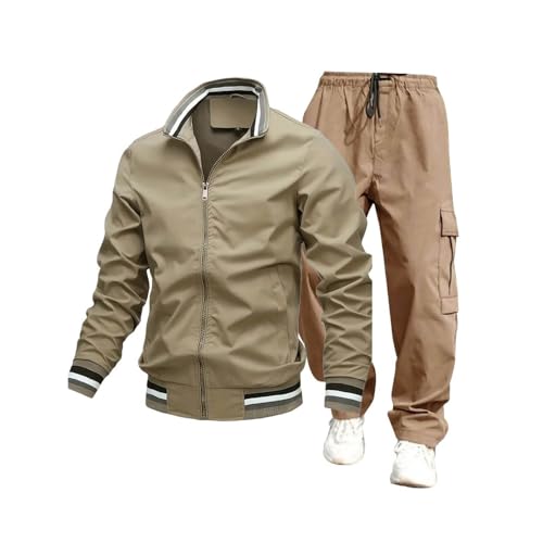 Men's 2-Piece Cargo Suit Set Lapel Sport Coat Casual Jacket Work Pants Drawstring Trousers Fashion Outwear Set2